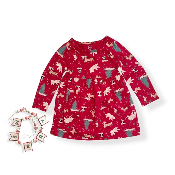 Toddler Girl's Red Winter Animals/Trees Print Knit Dress - Picture 2 of 3